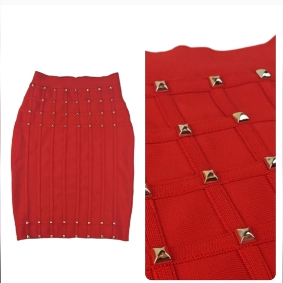 Red Gold Studded Bodycon Skirt, *M - Picture 2 of 5